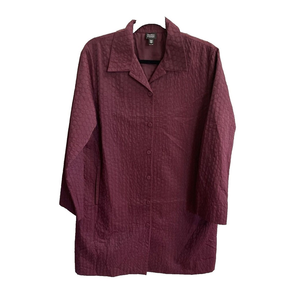 Eileen Fisher Longline Jacket Coat‎ Quilted Cotton Blend Button Down Purple Sz M